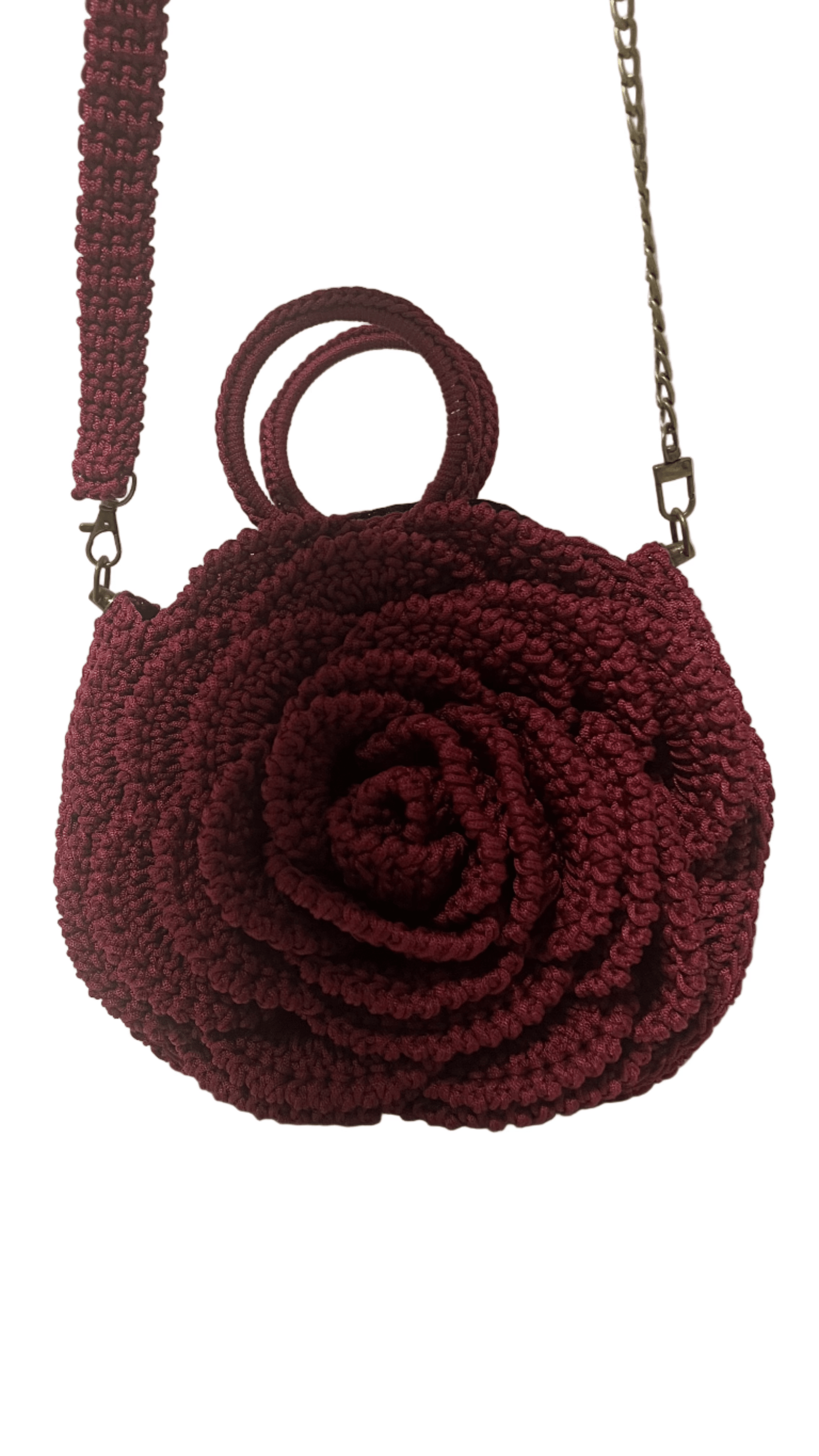Red African Handmade Crochet Flower Purse burgundy rose shaped handbag with top handle and gold chain shoulder strap