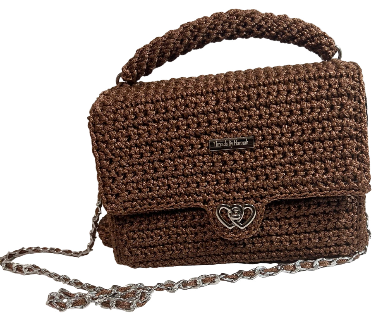 Artisan woven evening purse by ThreadsByHannah in brown with a stylish chain handle and heart clasp