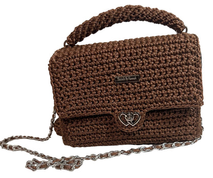 Artisan woven evening purse by ThreadsByHannah in brown with a stylish chain handle and heart clasp
