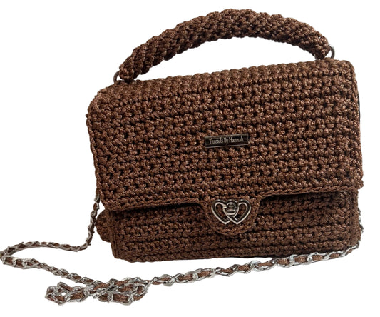 Artisan woven evening purse by ThreadsByHannah in brown with a stylish chain handle and heart clasp