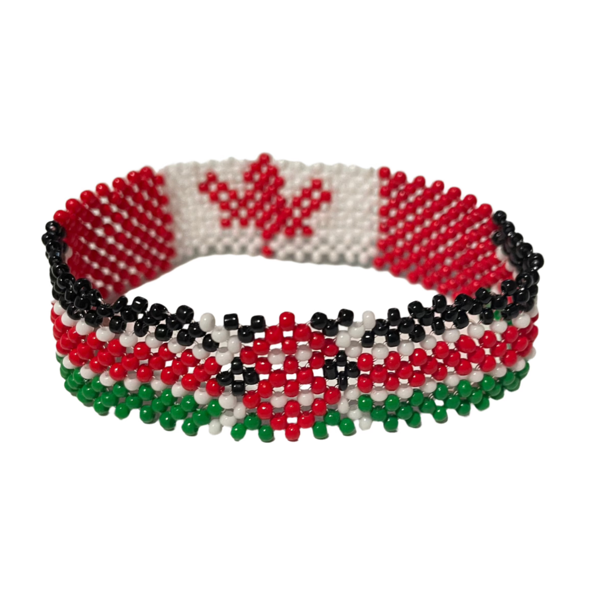 Canada Kenya friendship bracelet with beaded Canadian maple leaf and Kenyan flag colors