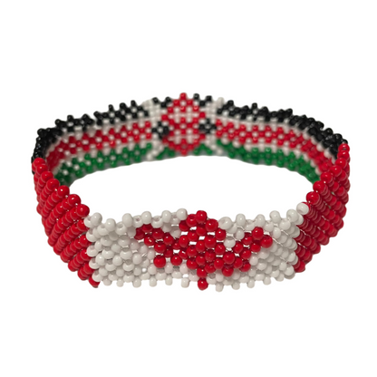 Canada Kenya friendship bracelet by ThreadsByHannah with red, white, black, and green bead design
