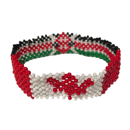 Canada Kenya friendship bracelet by ThreadsByHannah with red, white, black, and green bead design