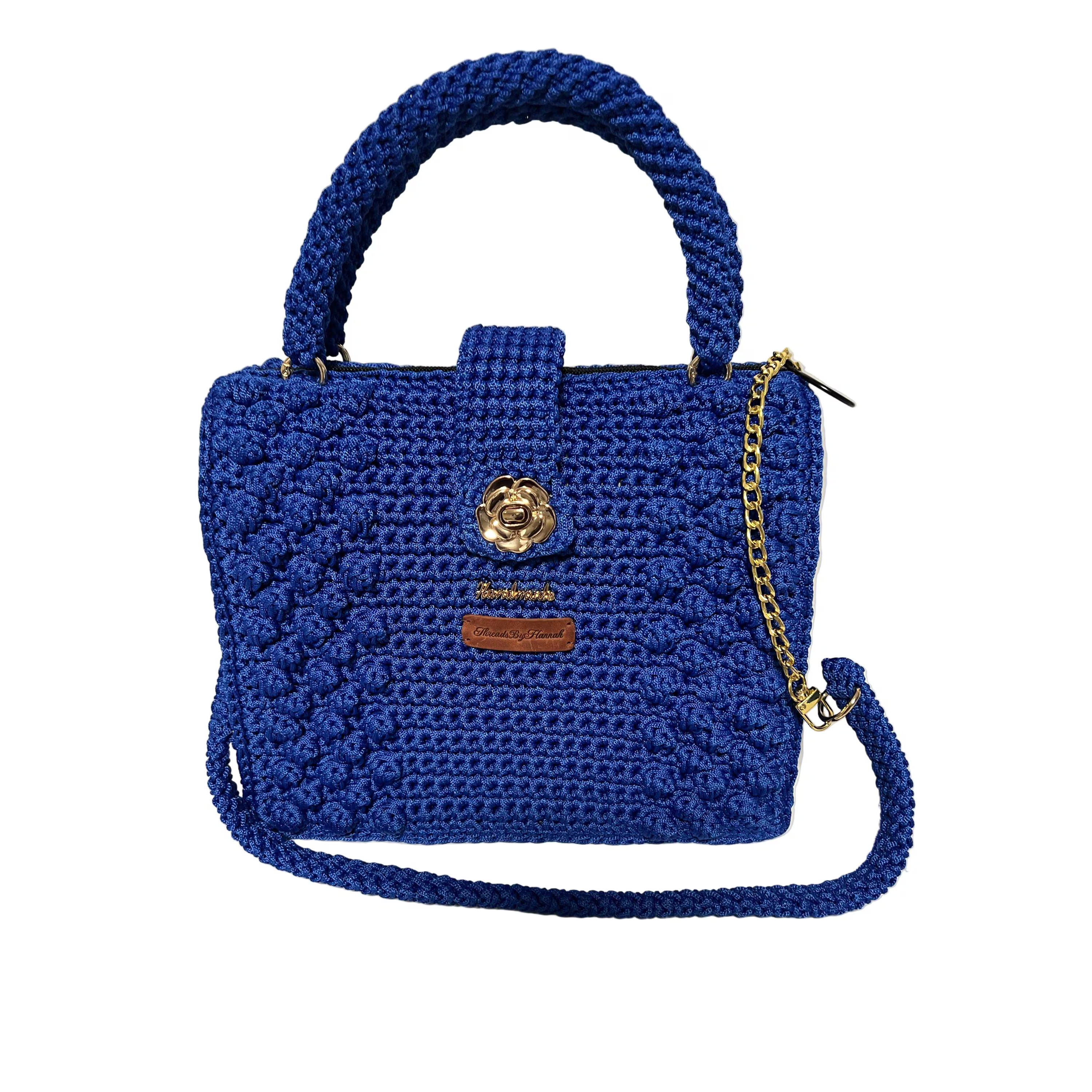 Blue Horizon Kenyan African Crochet Shoulder Purse by ThreadsByHannah with gold chain and handcrafted details