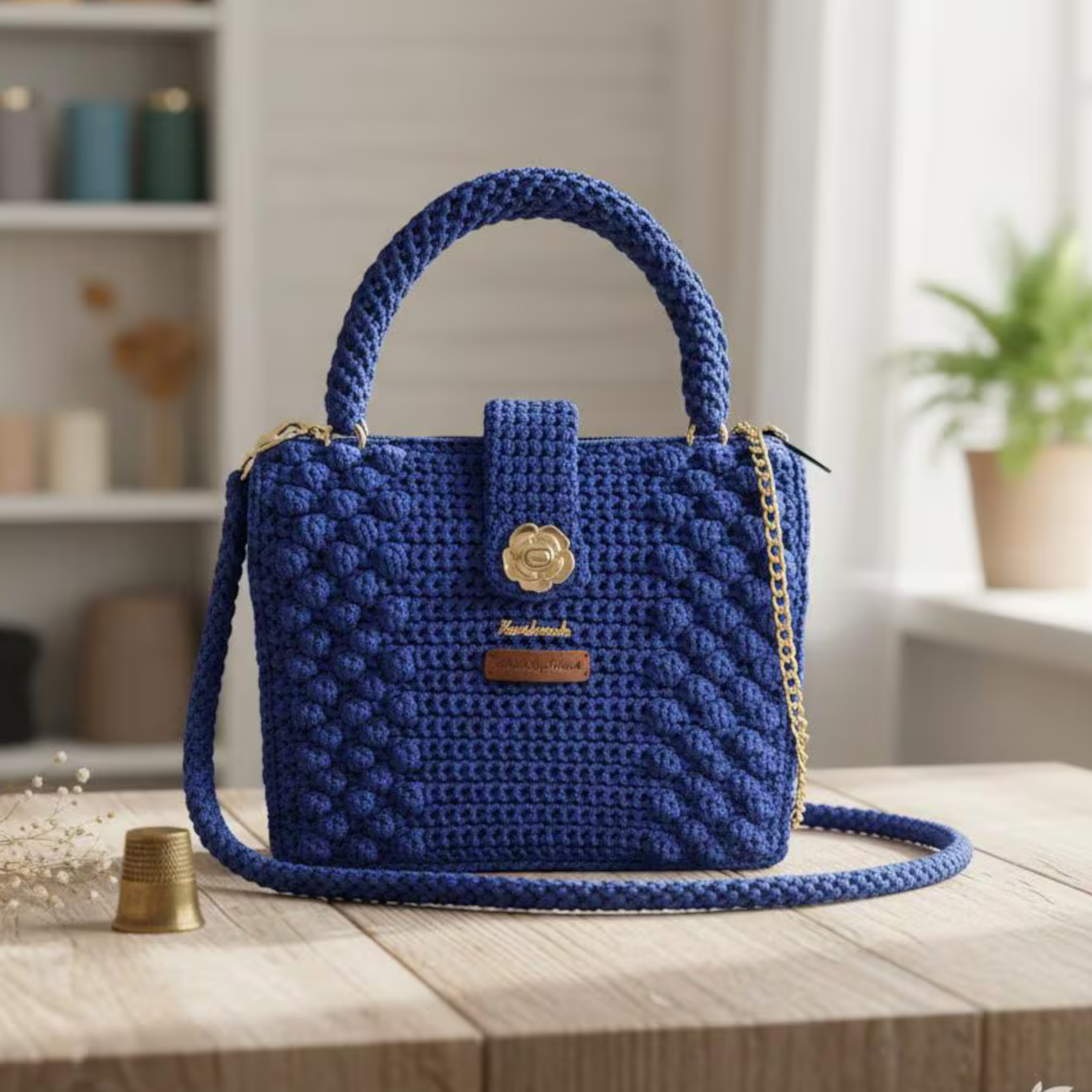 Blue Horizon Kenyan African Crochet Shoulder Purse with textured pattern and gold clasp on wooden table