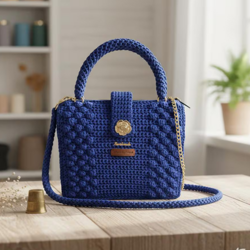 Blue Horizon Kenyan African Crochet Shoulder Purse with textured pattern and gold clasp on wooden table