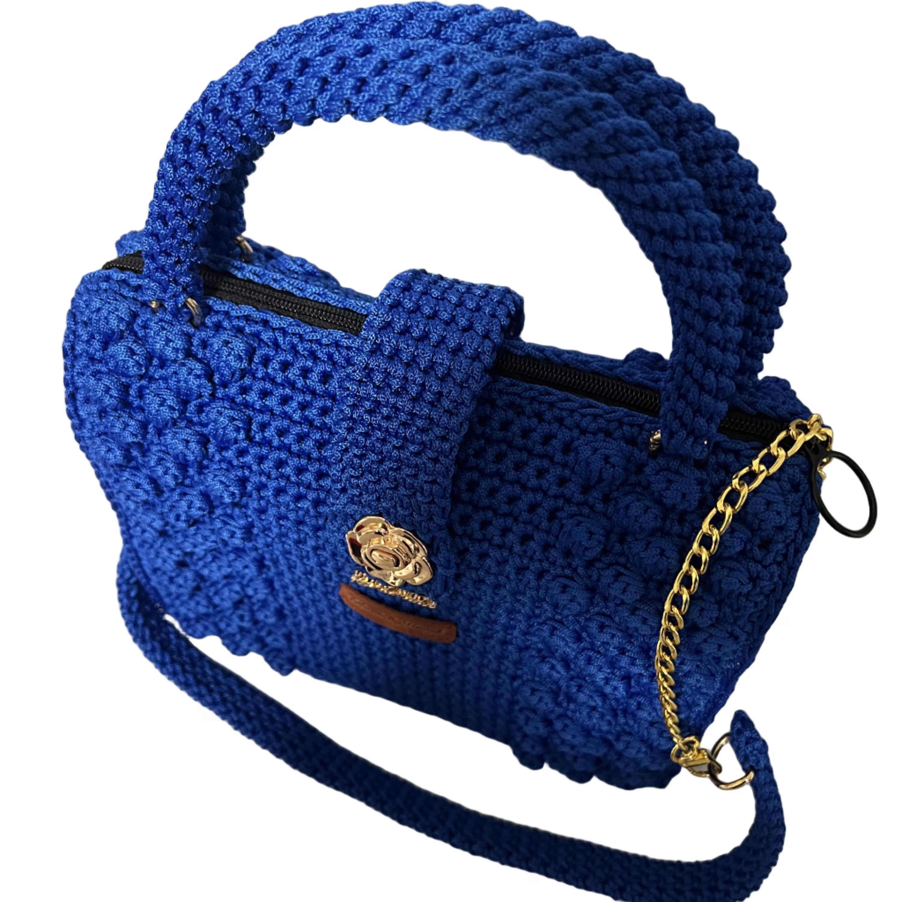 Blue Horizon Kenyan African Crochet Shoulder Purse with gold chain and textured design by ThreadsByHannah