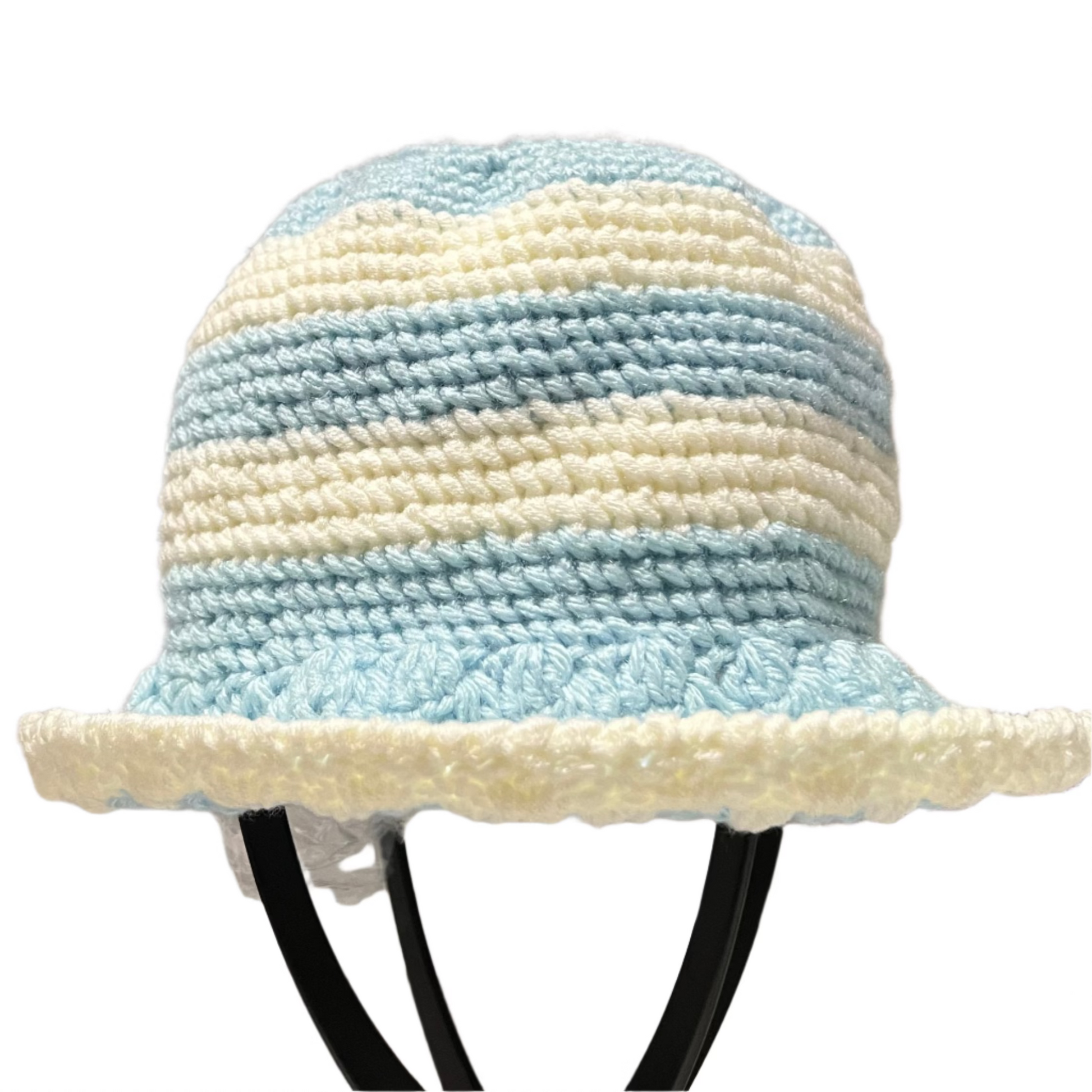 ThreadsByHannah blue stripe crochet bucket hat with light blue and white stripes