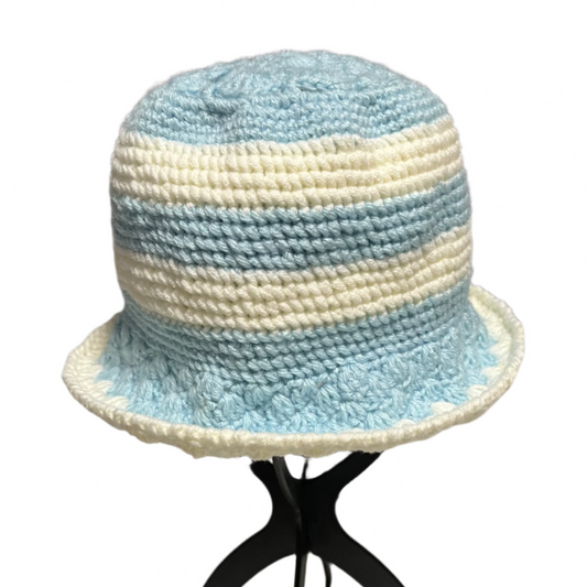 Blue stripe crochet bucket hat handmade with soft yarn by ThreadsByHannah for stylish sun protection