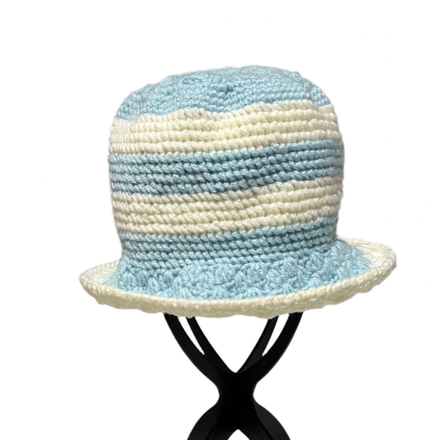 ThreadsByHannah blue stripe crochet bucket hat with soft textured yarn and alternating light blue and white stripes