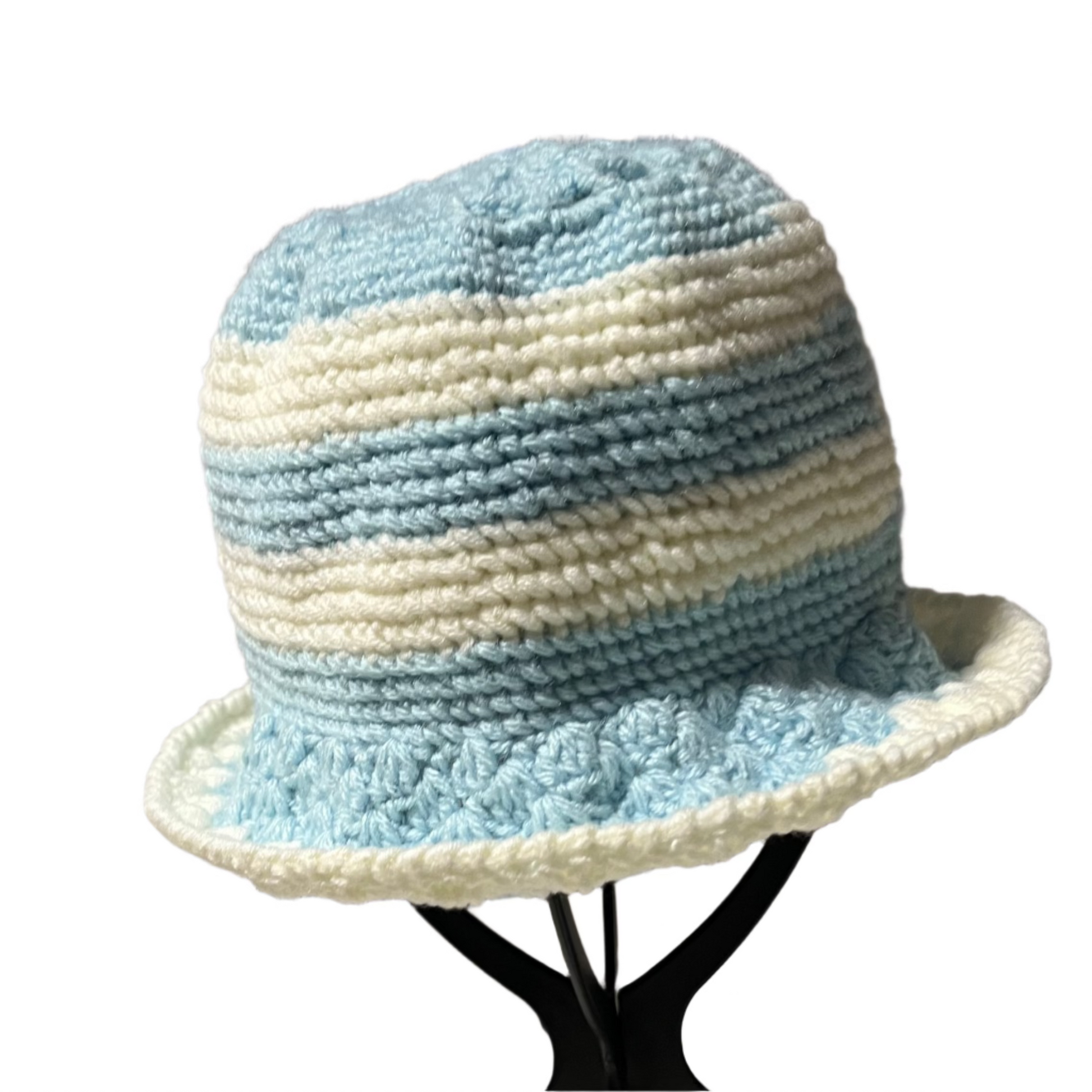 ThreadsByHannah blue stripe crochet bucket hat with textured knit pattern and rolled brim