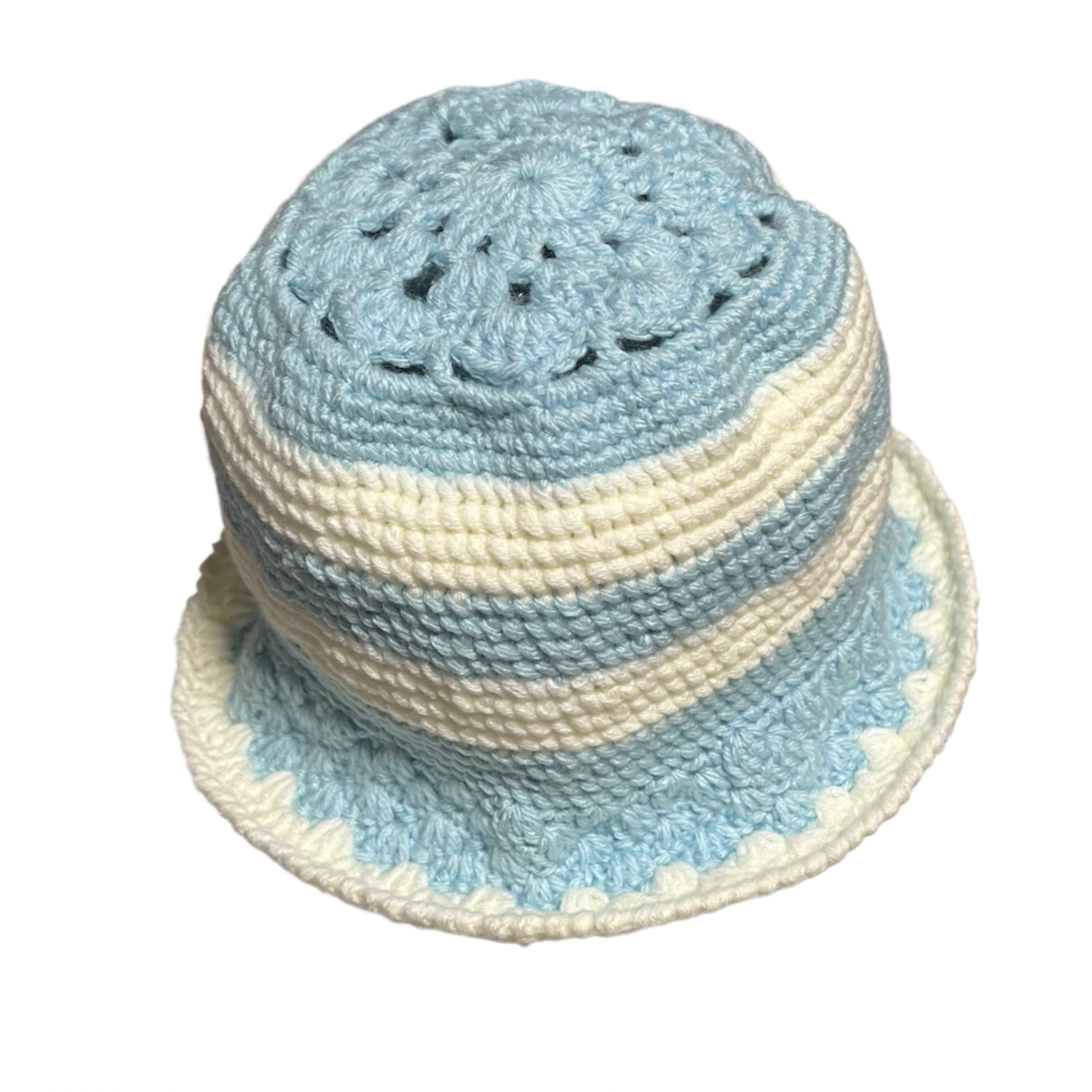 Blue stripe crochet bucket hat by ThreadsByHannah with textured handmade design