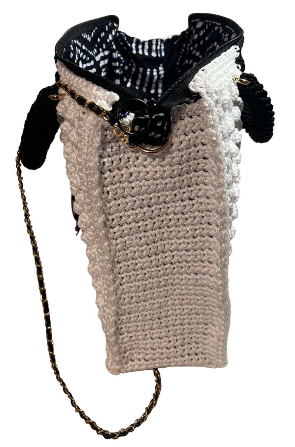Boho black and white shoulder bag with textured crochet design and gold chain strap