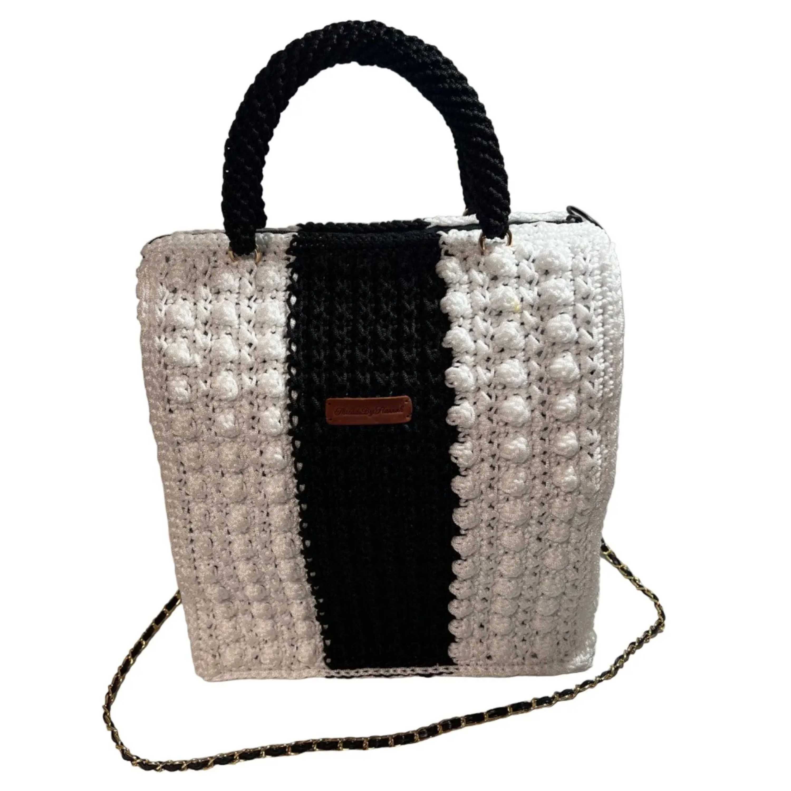 Boho Black & White Crochet Shoulder Bag by ThreadsByHannah with braided handles and chain strap