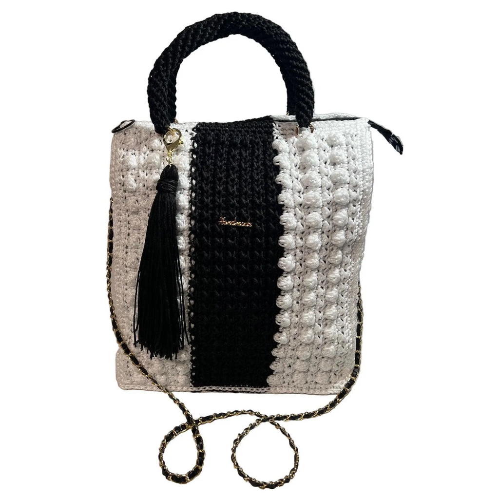 Boho Black & White Crochet Shoulder Bag tote by ThreadsByHannah with braided handles and tassel detail