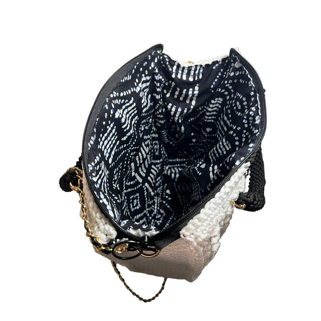 Boho Black & White Crochet Shoulder Bag with patterned fabric interior and chain strap by ThreadsByHannah