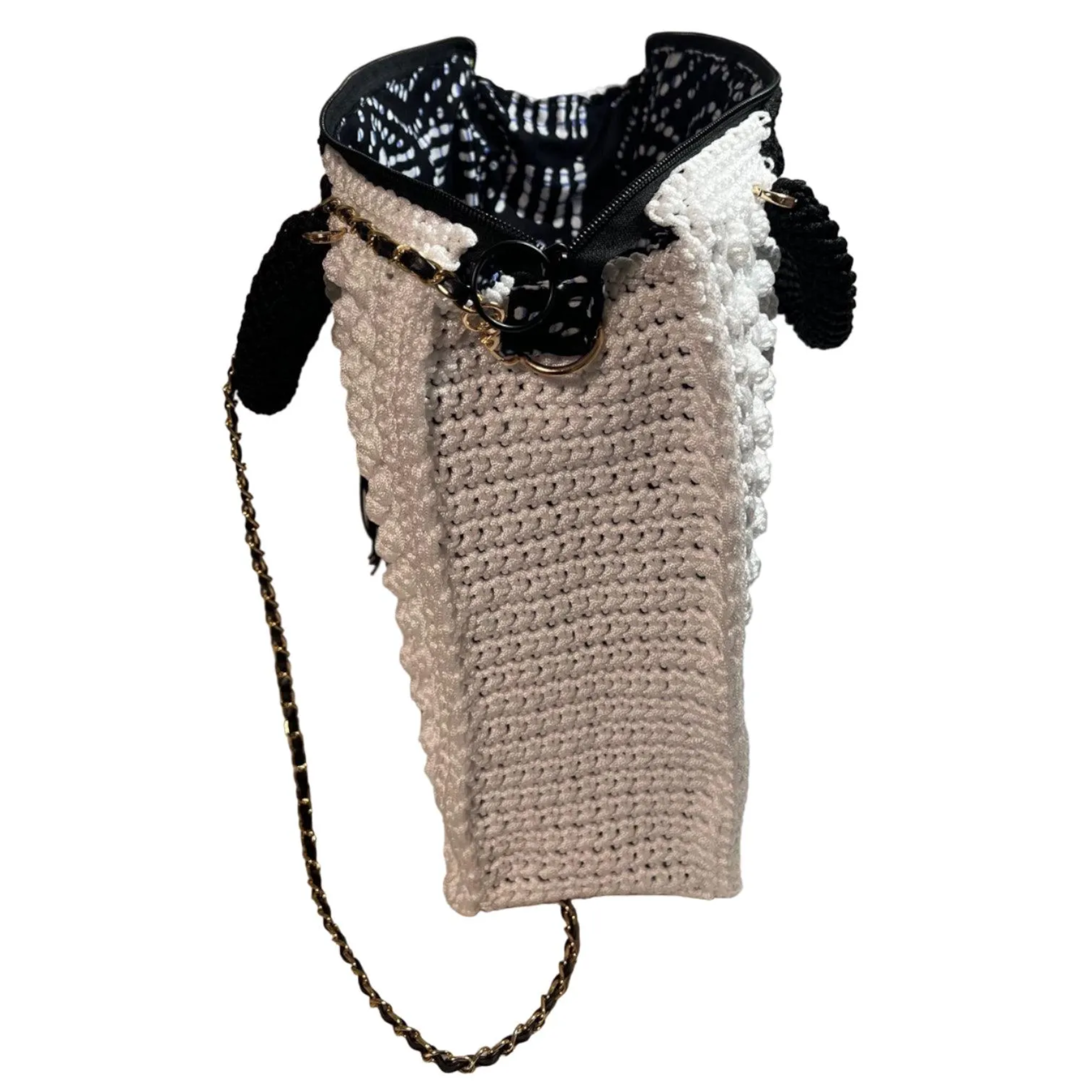 Boho Black & White Crochet Shoulder Bag by ThreadsByHannah with chain strap and patterned interior lining