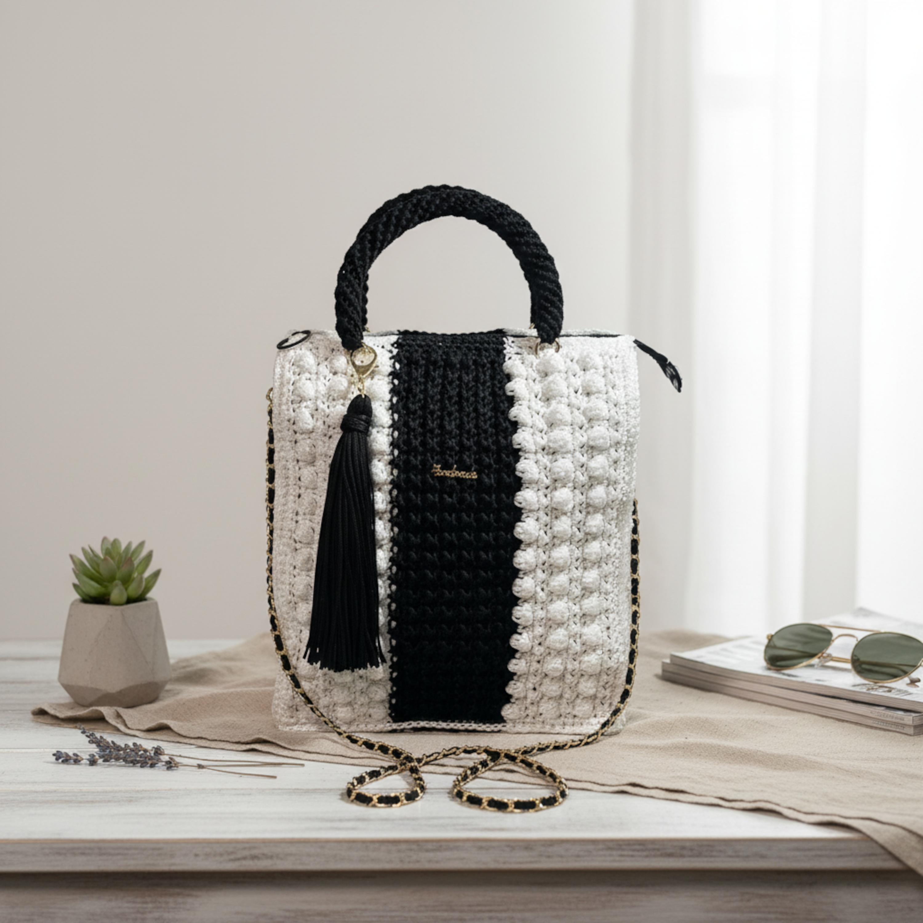 Boho Black & White Crochet Shoulder Bag by ThreadsByHannah with tassel and braided handle tote