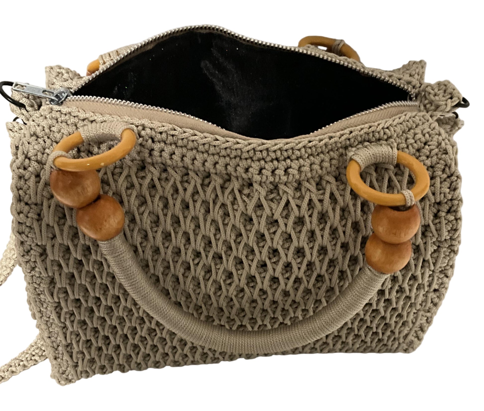 Crochet Handmade Sling Shoulder Bag with Wooden Beads and Durable Handles for Stylish Use