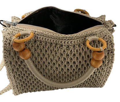 Crochet Handmade Sling Shoulder Bag with Wooden Beads and Durable Handles for Stylish Use