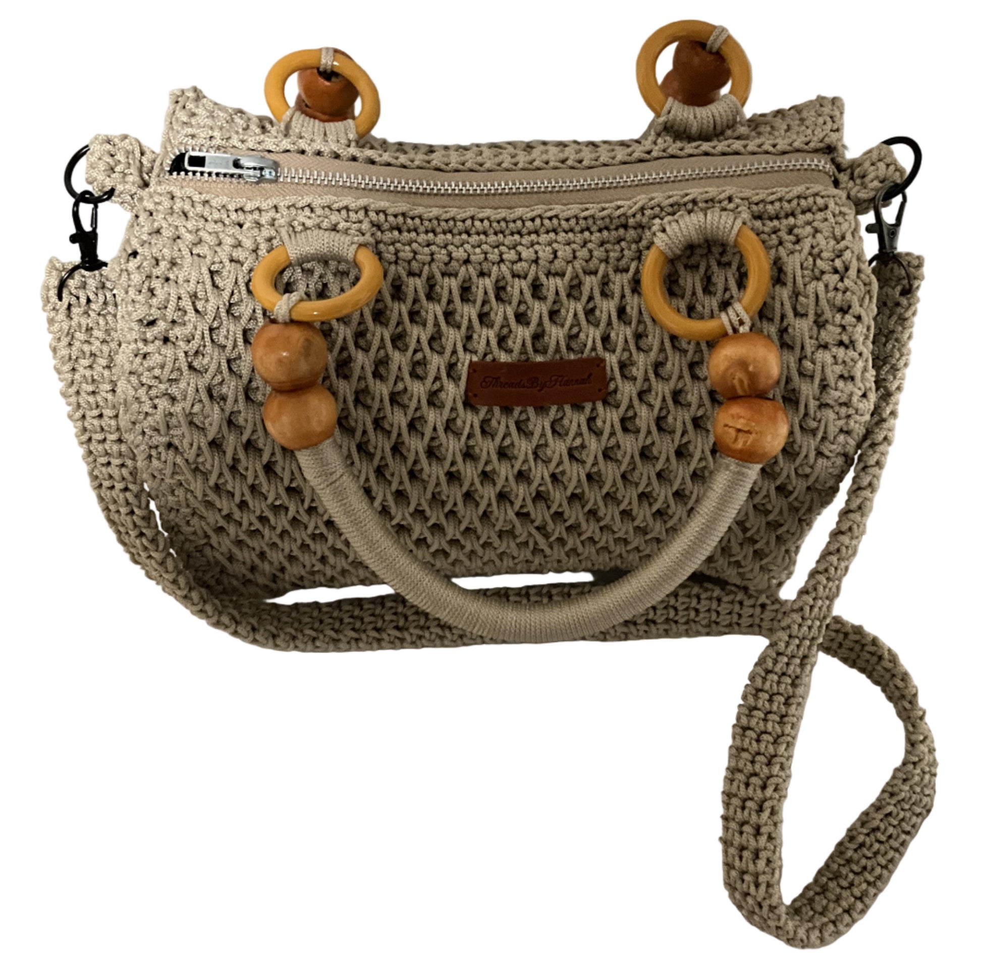 Crochet Handmade Sling Shoulder Bag in beige with wooden accents and adjustable strap for stylish carry