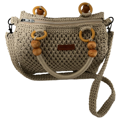 Crochet Handmade Sling Shoulder Bag in beige with wooden accents and adjustable strap for stylish carry
