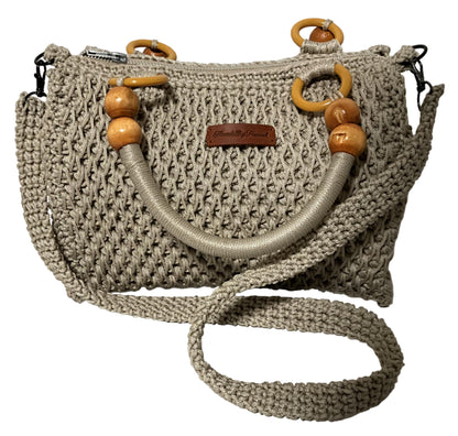 Crochet Handmade Sling Shoulder Bag in neutral color with wooden accents and adjustable strap