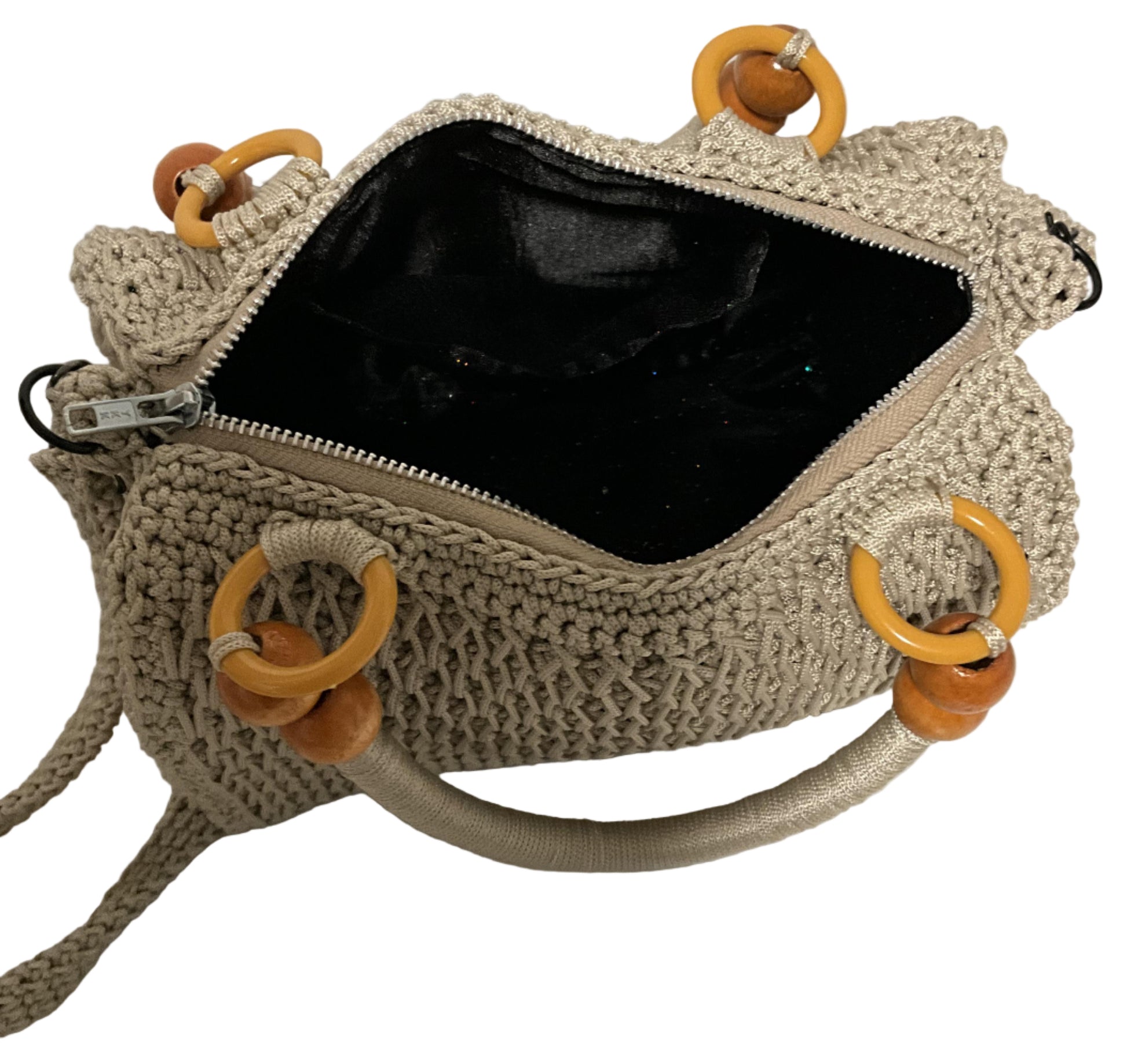 Crochet Handmade Sling Shoulder Bag with wooden ring accents and zippered closure