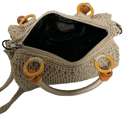 Crochet Handmade Sling Shoulder Bag with wooden ring accents and zippered closure