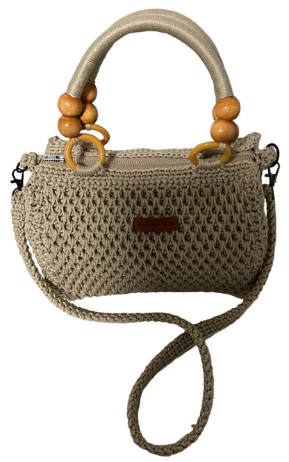 Crochet Handmade Sling Shoulder Bag with wooden handles and adjustable strap in neutral color