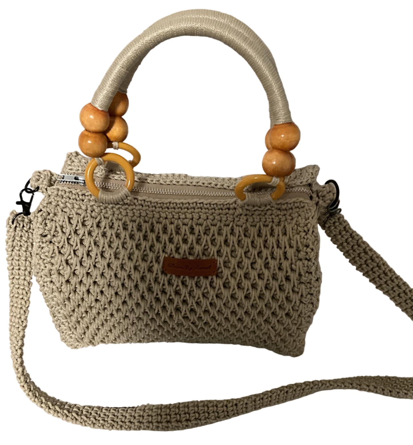 Crochet Handmade Sling Shoulder Bag in beige with wooden handle and adjustable strap