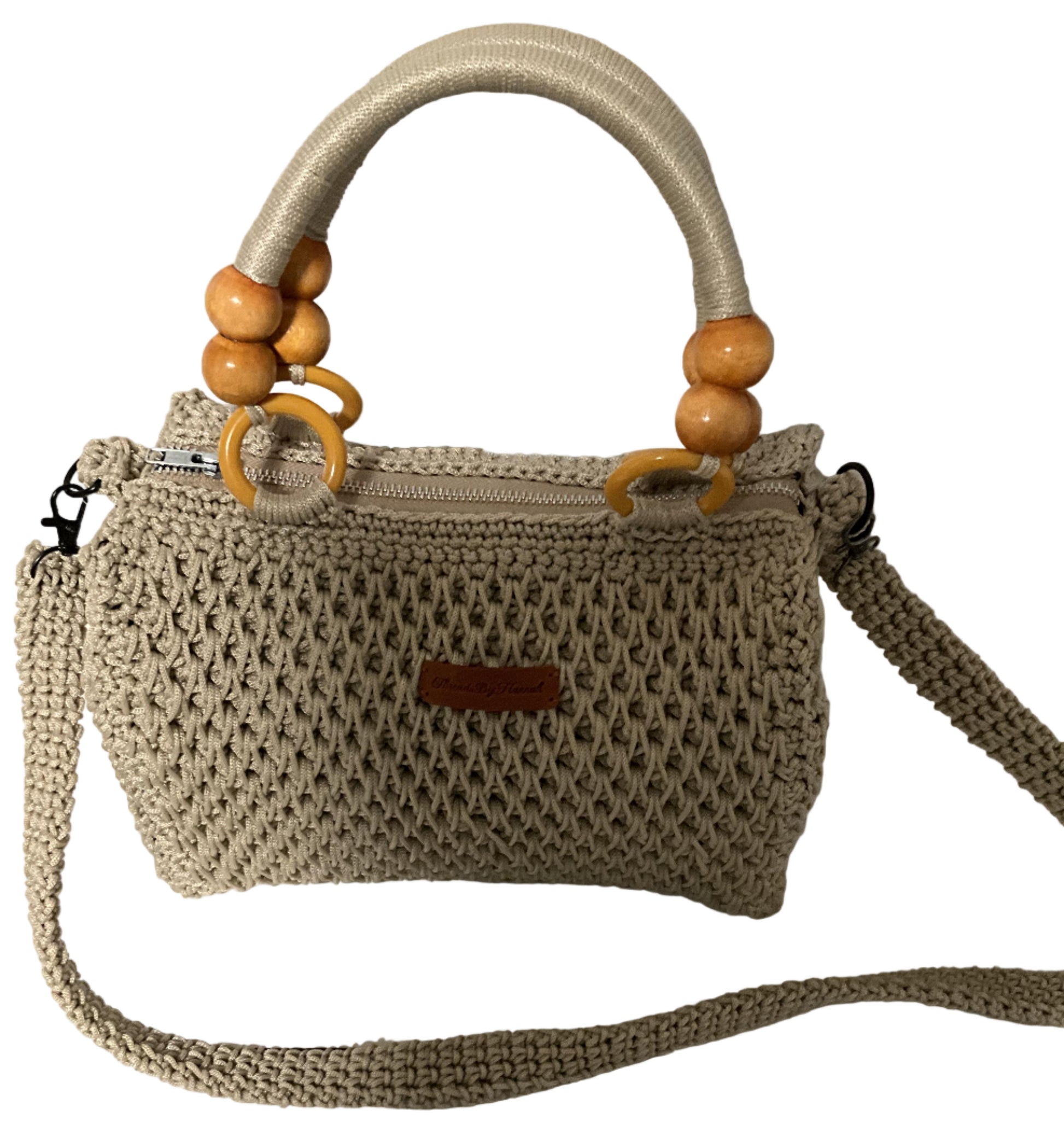 Crochet Handmade Sling Shoulder Bag in beige with wooden handle and adjustable strap