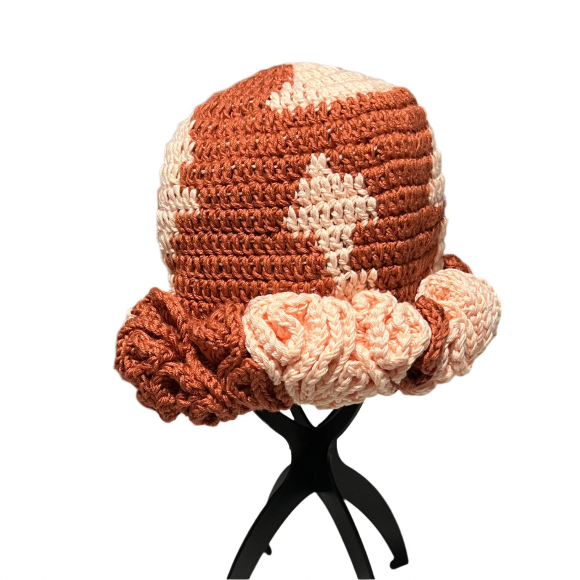 ThreadsByHannah crochet ruffle hat for women in brown and cream with textured flower detail