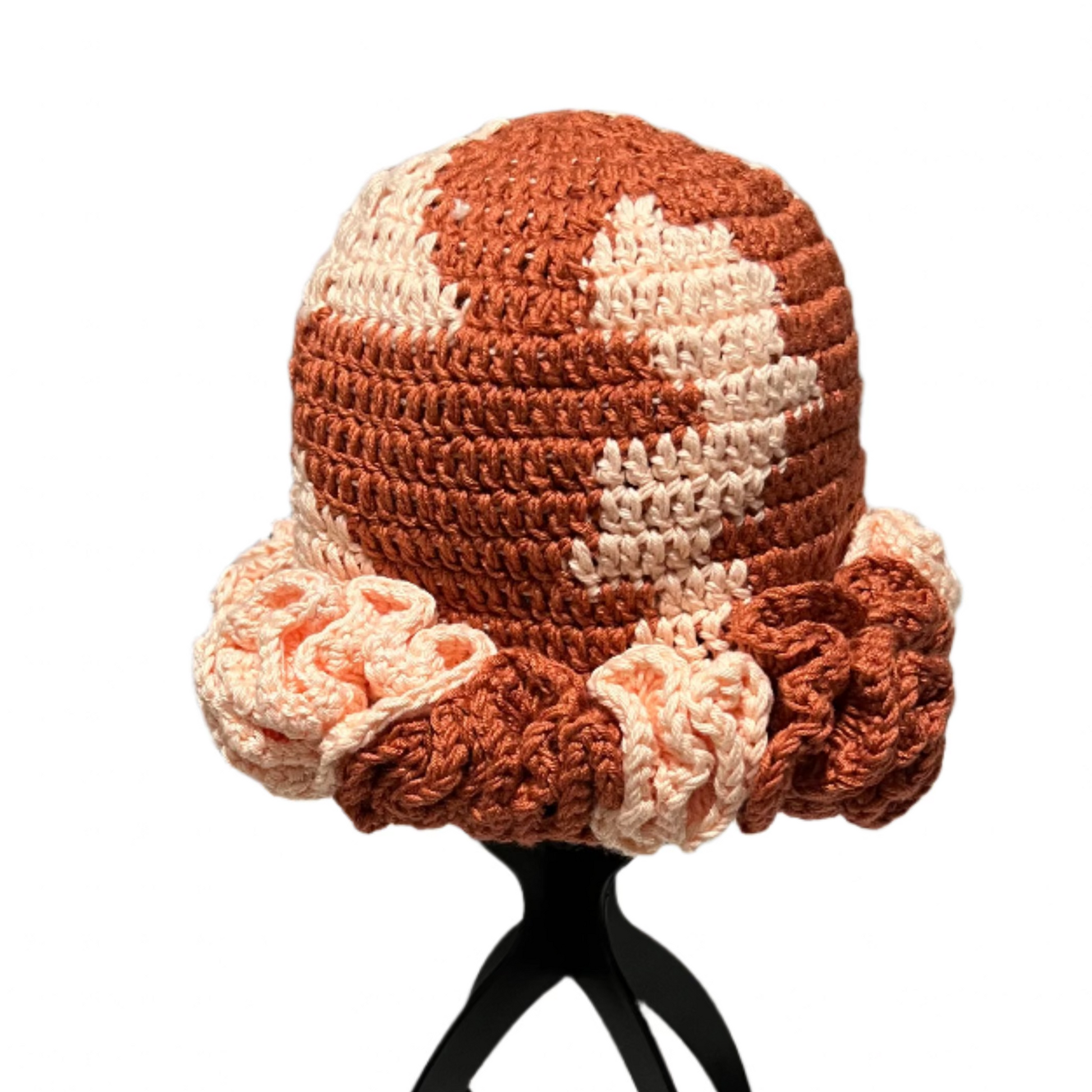 ThreadsByHannah crochet ruffle hat for women in brown and cream with textured ruffled brim