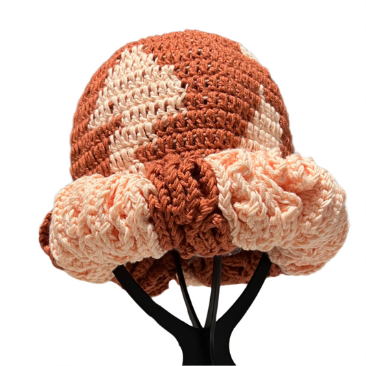 ThreadsByHannah crochet ruffle hat for women in brown and peach with textured design