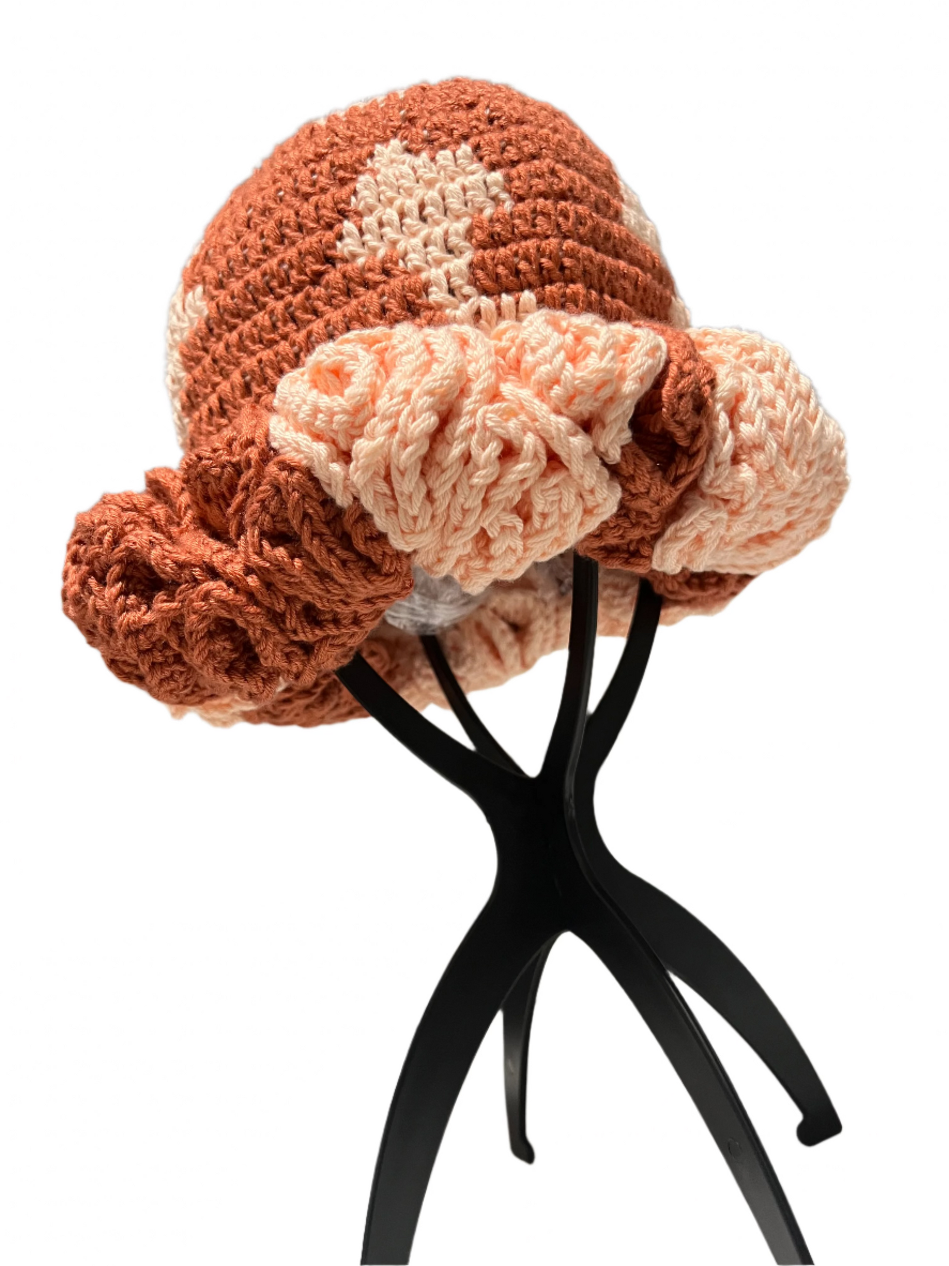 ThreadsByHannah crochet ruffle hat for women in brown and peach colors with textured details