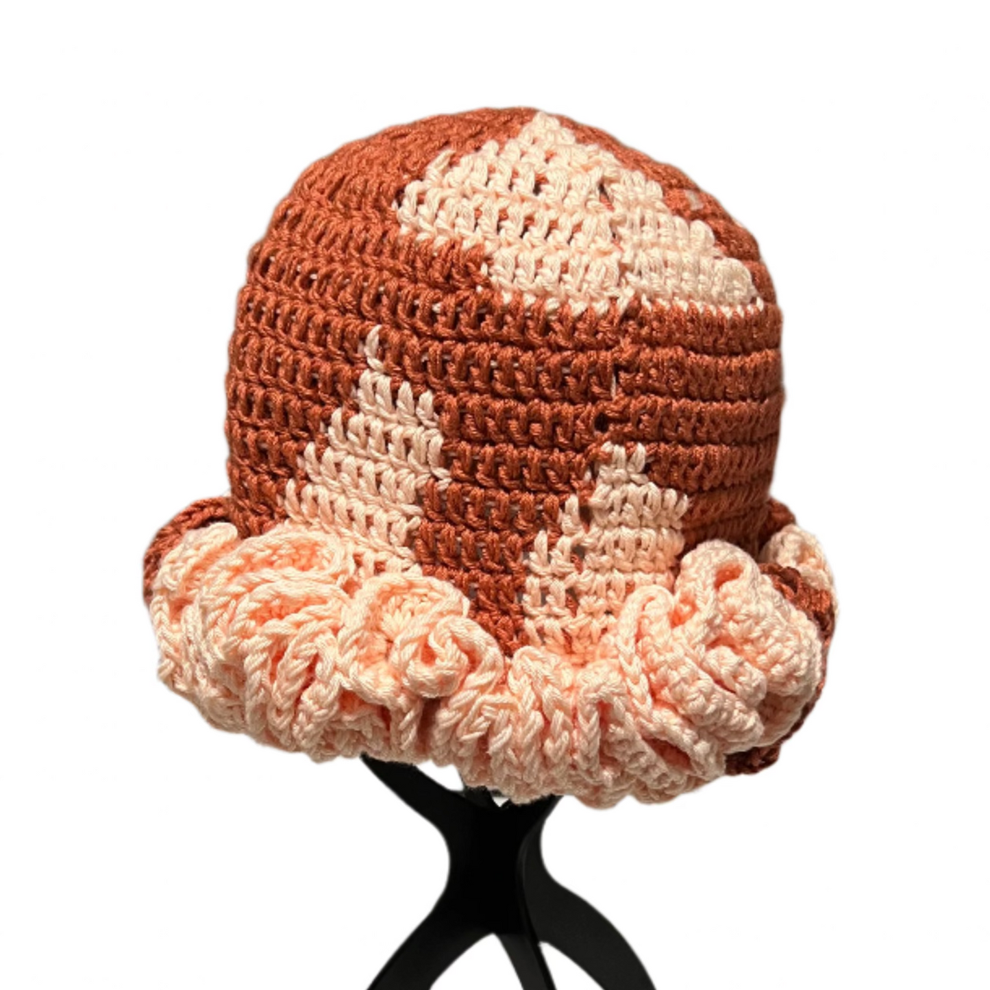 crochet ruffle hat for women in brown and cream with textured ruffled brim