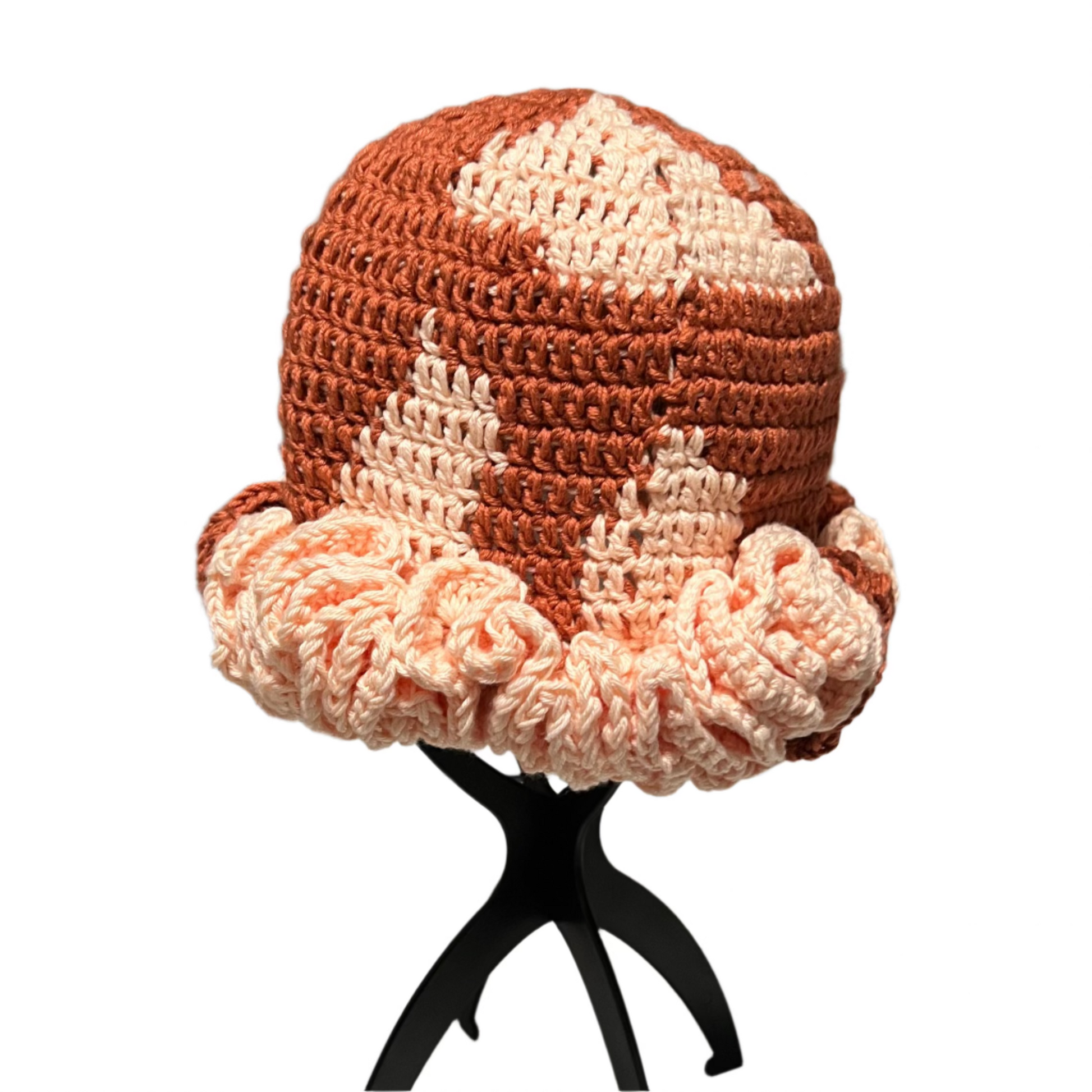 ThreadsByHannah crochet ruffle hat for women in brown and cream colors with textured ruffle brim