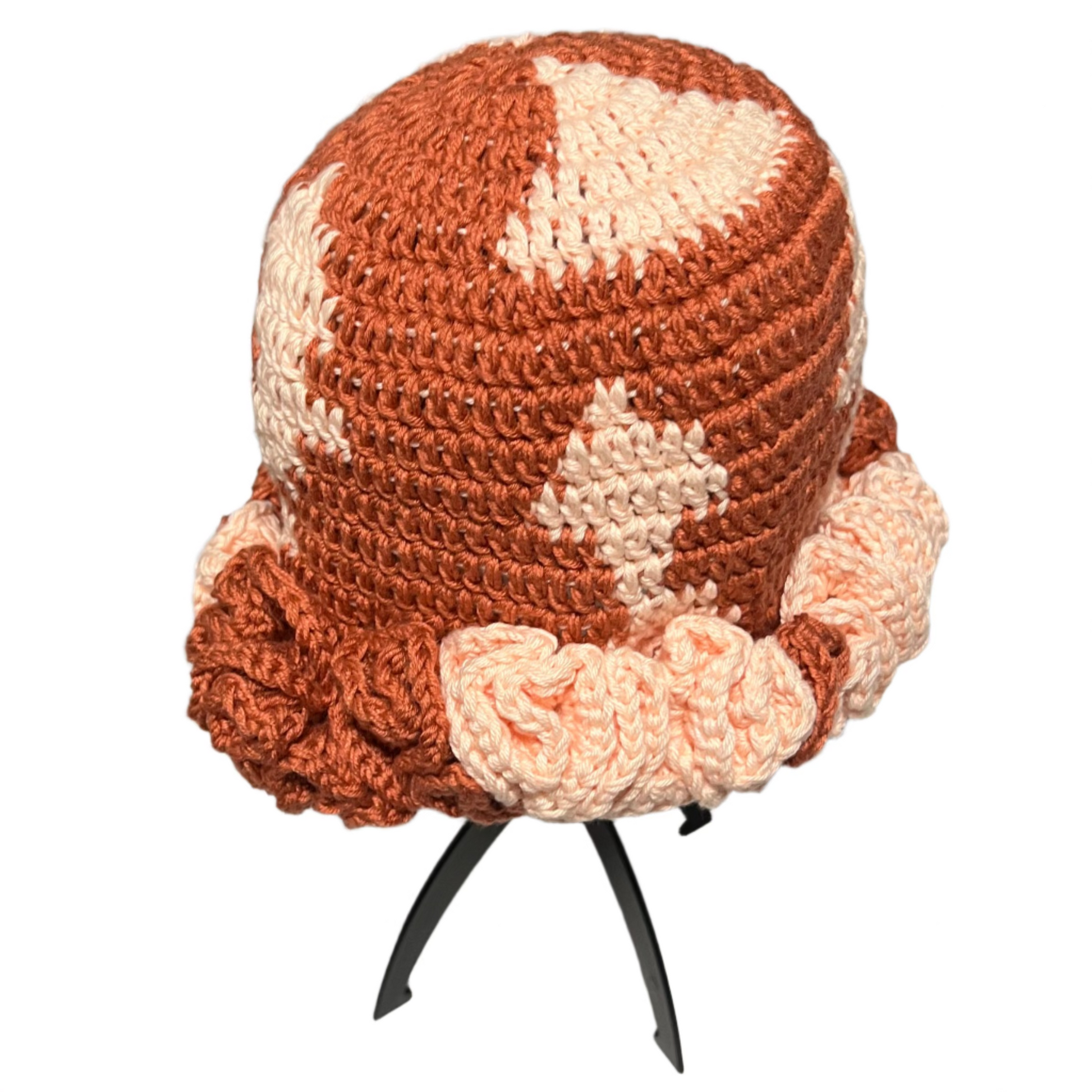 ThreadsByHannah crochet ruffle hat for women in brown and cream colors with textured design
