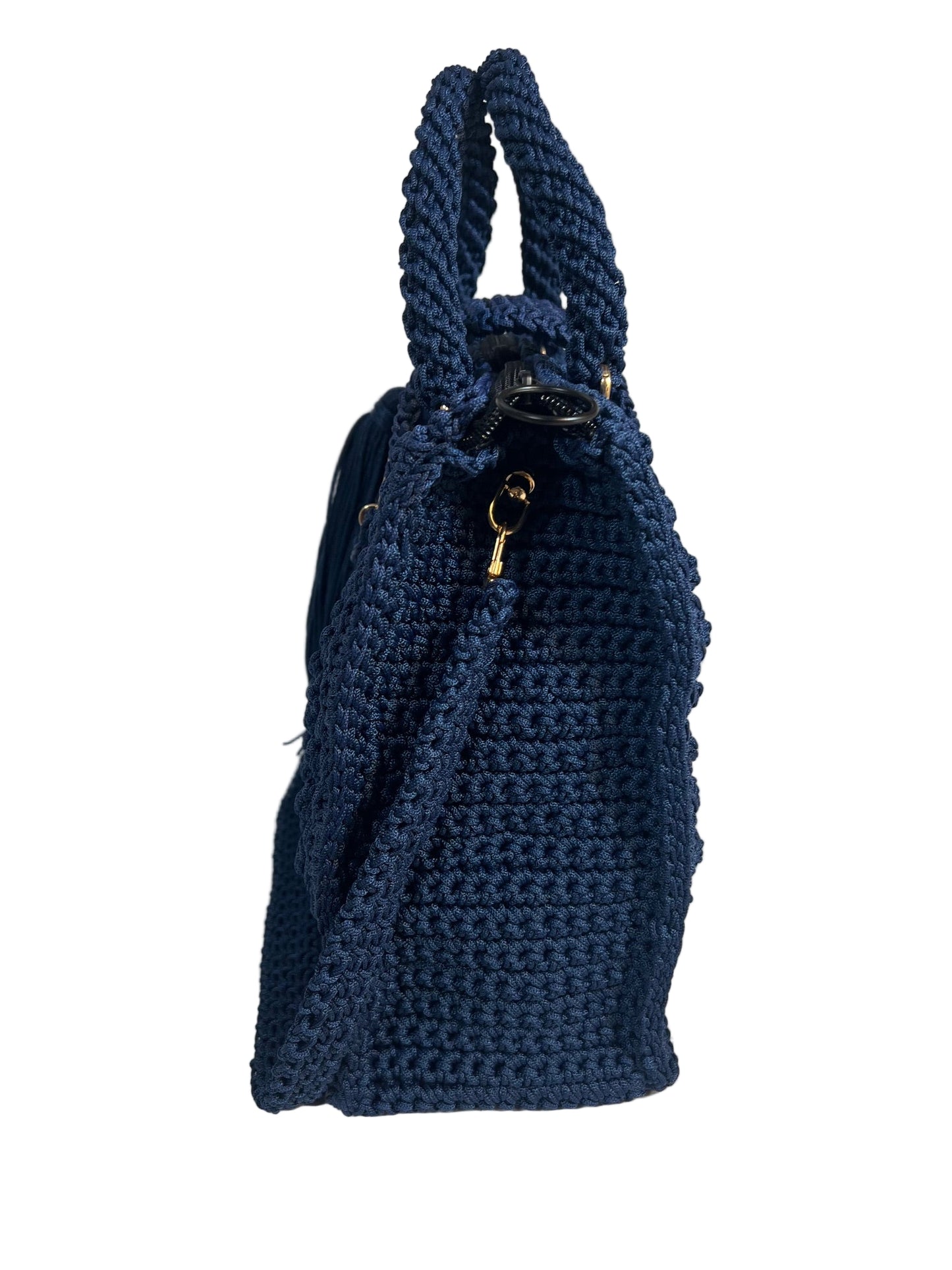 Navy crochet shoulder bag for women with stylish design and sturdy handles