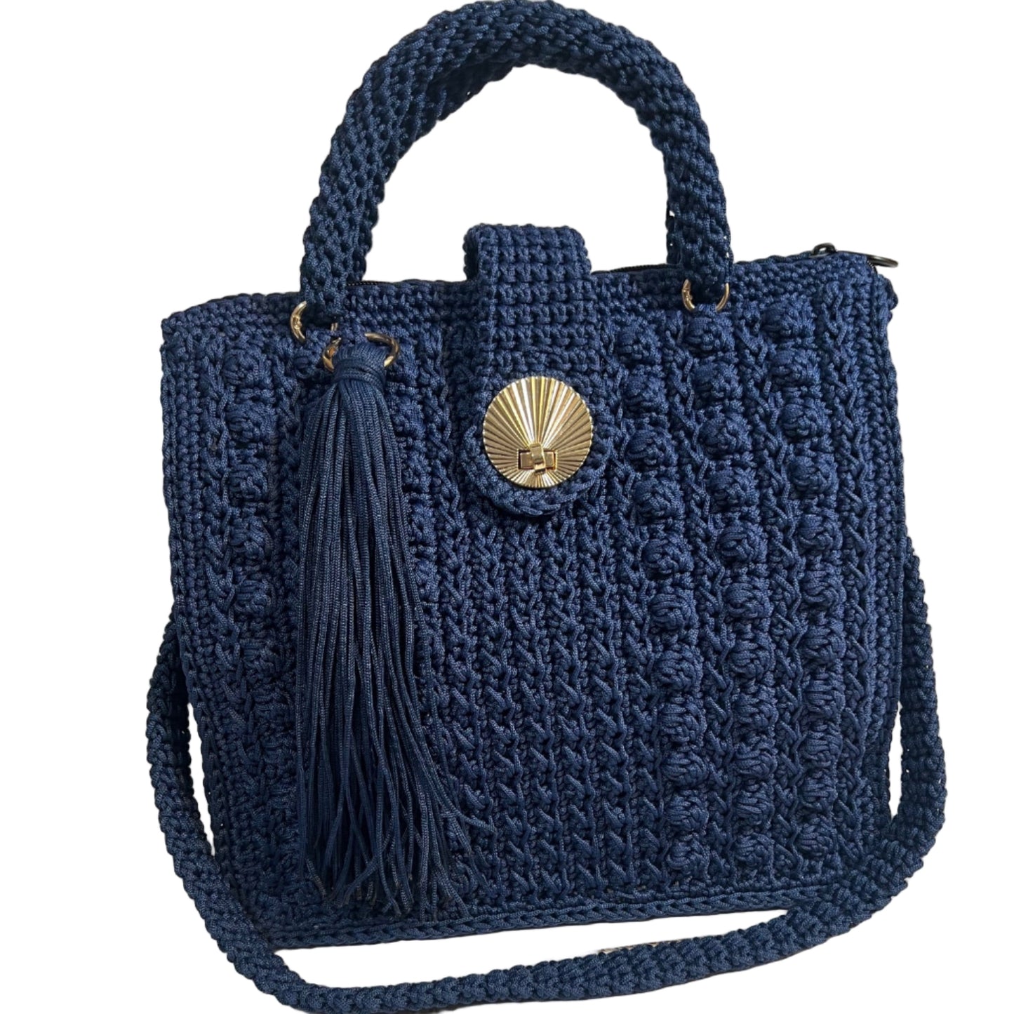 Navy crochet shoulder bag for women with a stylish tassel and gold-tone clasp