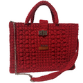 Flame Frame Structured Red Trapezoid Bag by ThreeadsByHannah with crochet texture and silver chain shoulder strap