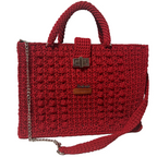 Flame Frame Structured Red Trapezoid Bag by ThreeadsByHannah with crochet texture and silver chain shoulder strap