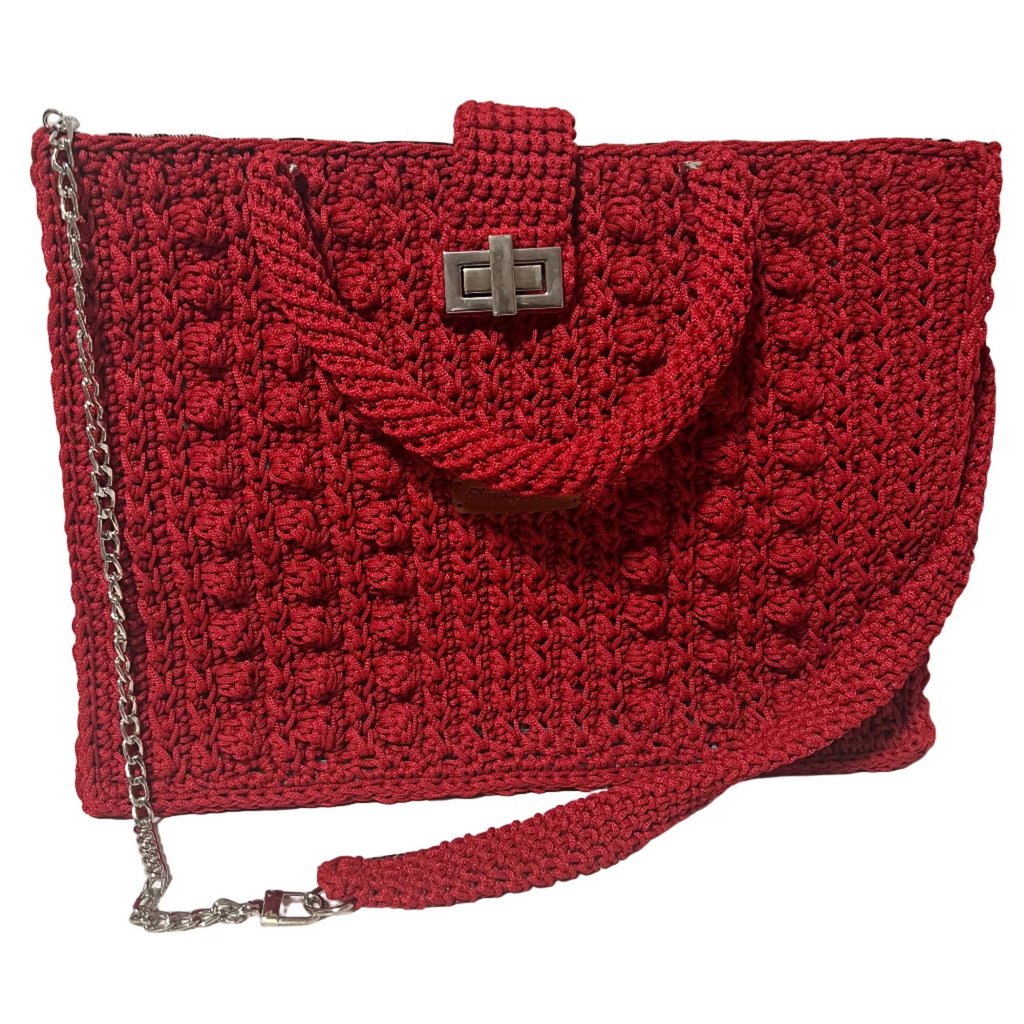 Flame Frame Structured Red Trapezoid Bag shoulder bag with textured knit design and silver chain strap