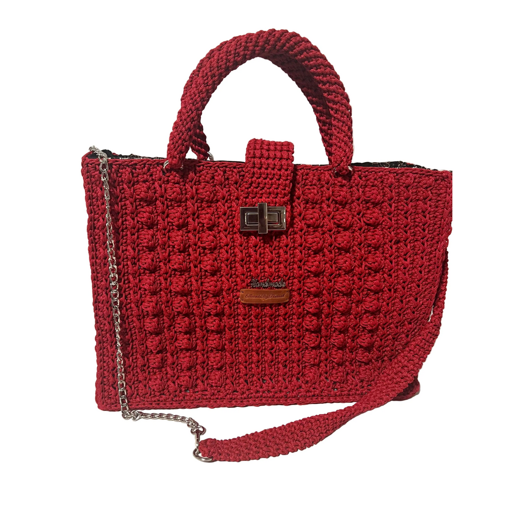 Flame Frame Structured Red Trapezoid Bag shoulder bag with textured knit design and metal clasp closure