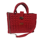 Flame Frame Structured Red Trapezoid Bag shoulder bag with textured knit design and metal clasp closure