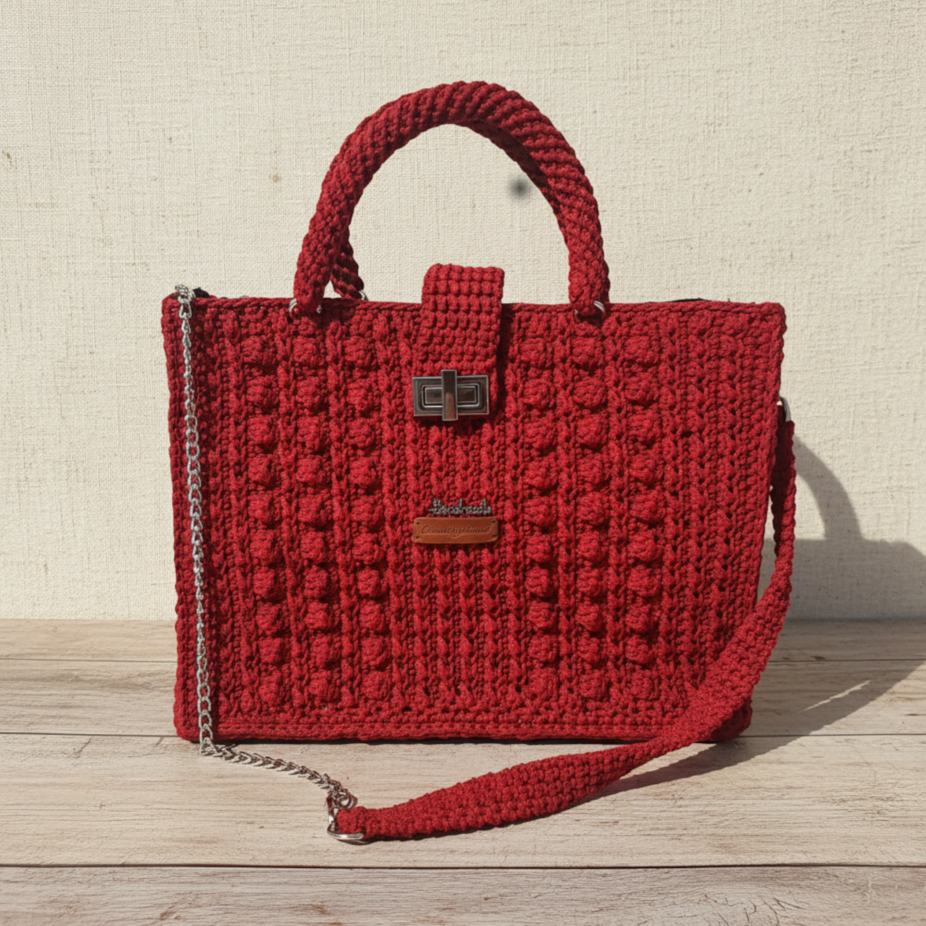 Flame Frame Structured Red Trapezoid Bag by ThreeadsByHannah with handcrafted textured design and chain shoulder strap