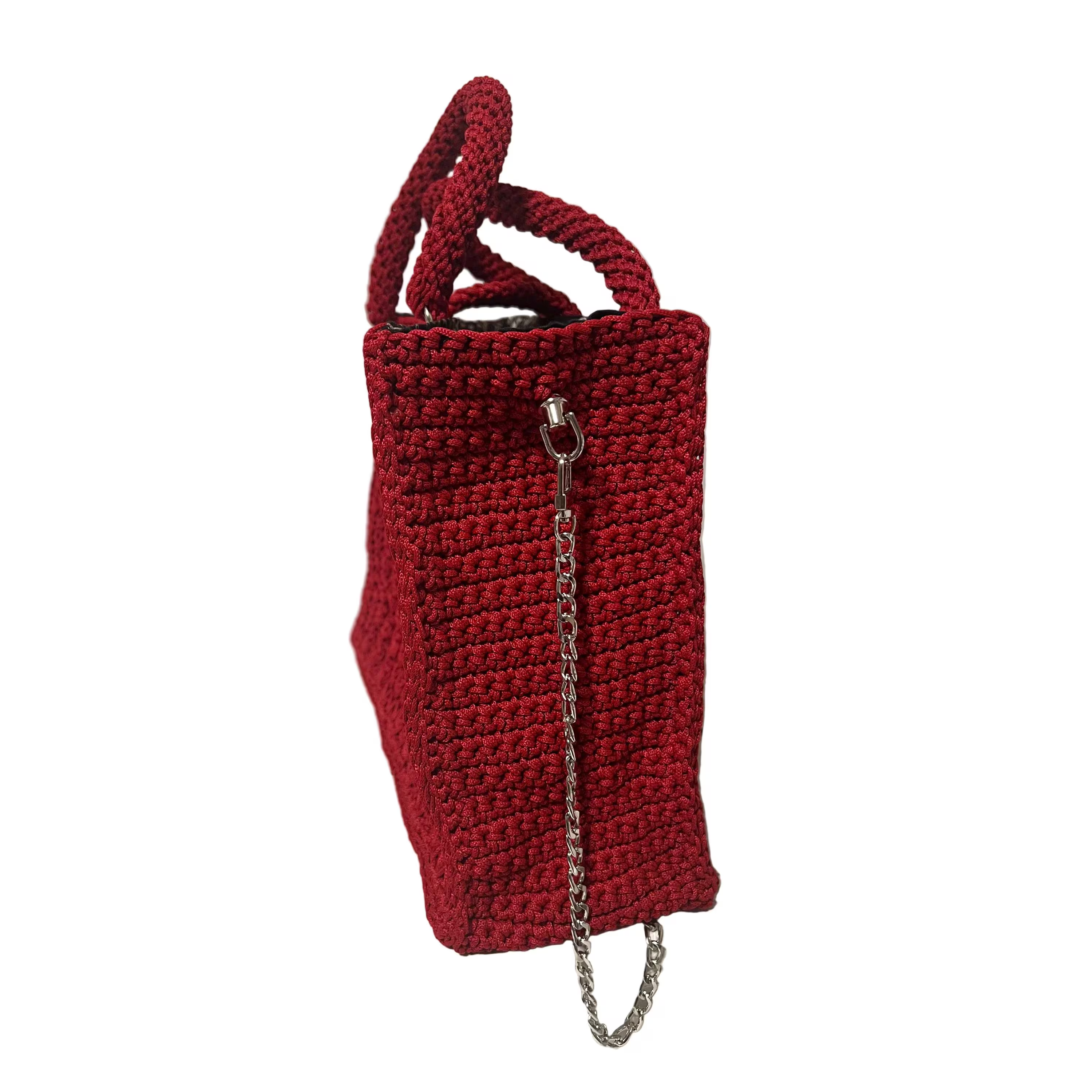 Flame Frame Structured Red Trapezoid Bag shoulder bag with woven texture and silver chain detail