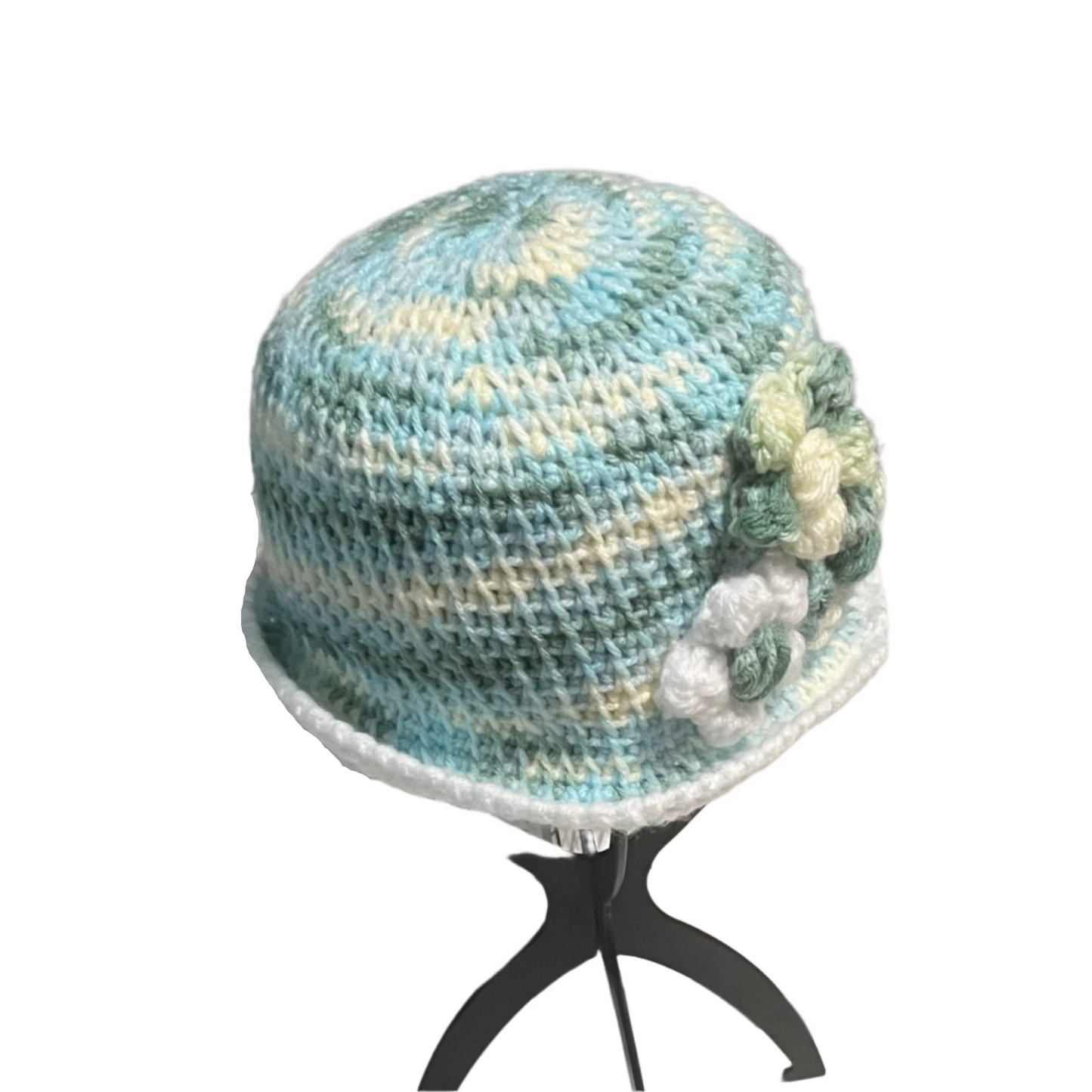 ThreadsByHannah floral crochet Bucket Hat for kids in blue and cream with decorative flowers