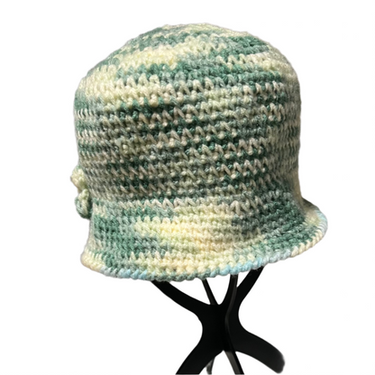 ThreadsByHannah crochet flower bucket hat for adults in soft green and cream colors